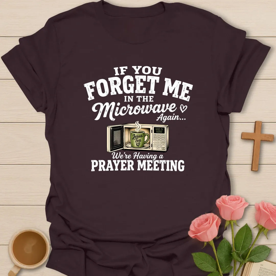 Tea Prayer Meeting shirt with teacup, cross, and cream vintage lettering. - Dark Chocolate