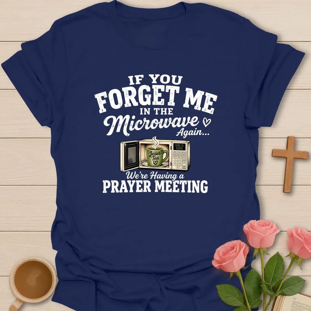 Tea Prayer Meeting shirt with teacup, cross, and cream vintage lettering. - Navy