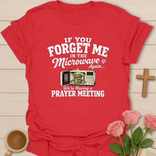 Tea Prayer Meeting shirt with teacup, cross, and cream vintage lettering. - Red