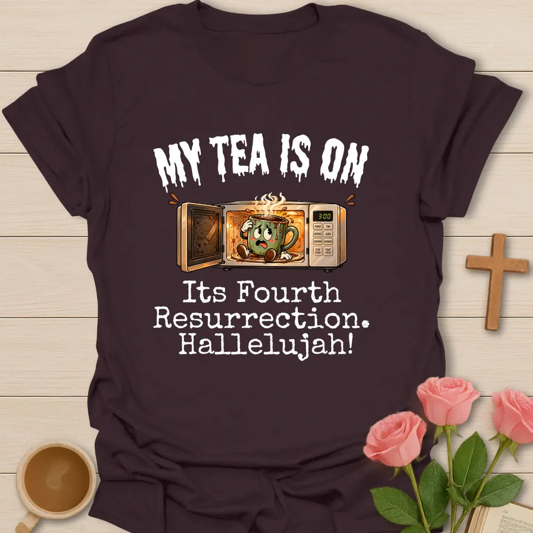 My Tea Is On Its Fourth Resurrection, Hallelujah funny Christian t-shirt with a cartoon mug glowing inside a microwave - Dark Chocolate