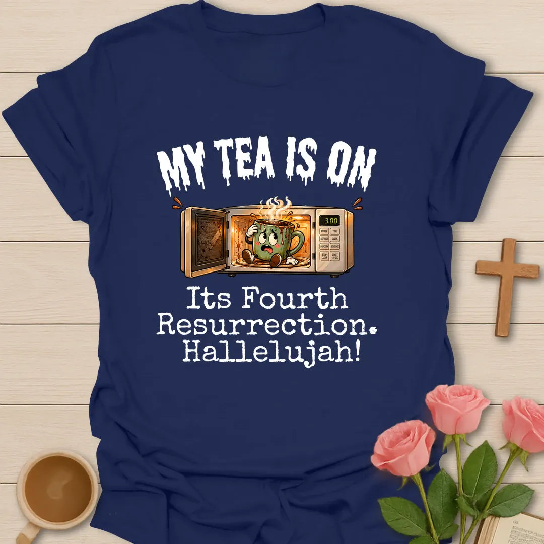My Tea Is On Its Fourth Resurrection, Hallelujah funny Christian t-shirt with a cartoon mug glowing inside a microwave - Navy