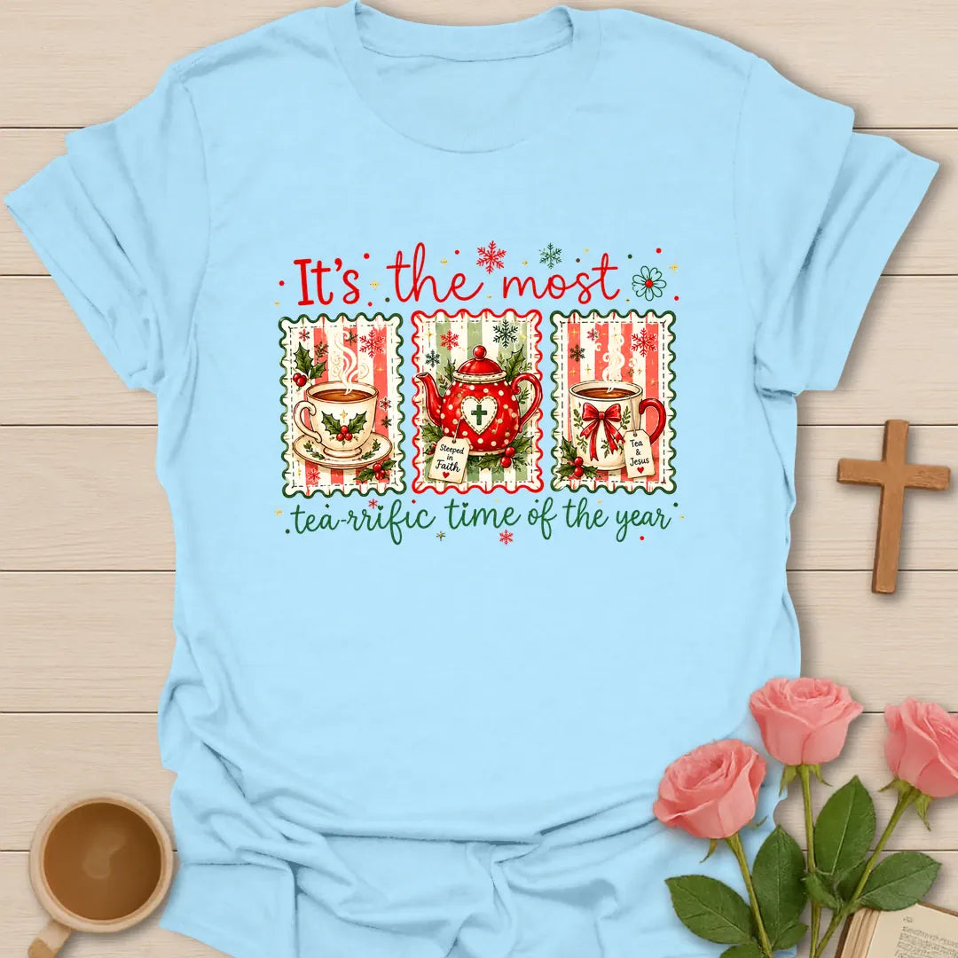 Tea-riffic Time of the Year Christmas T-shirt with festive teacups teapot holly and snowflakes - Light Blue