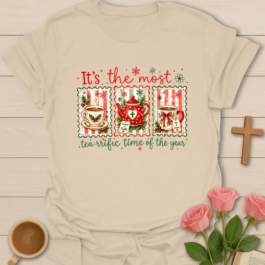 Tea-riffic Time of the Year Christmas T-shirt with festive teacups teapot holly and snowflakes - Sand