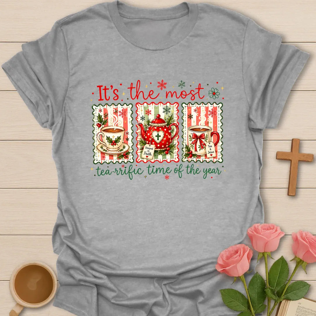 Tea-riffic Time of the Year Christmas T-shirt with festive teacups teapot holly and snowflakes - Sport Grey