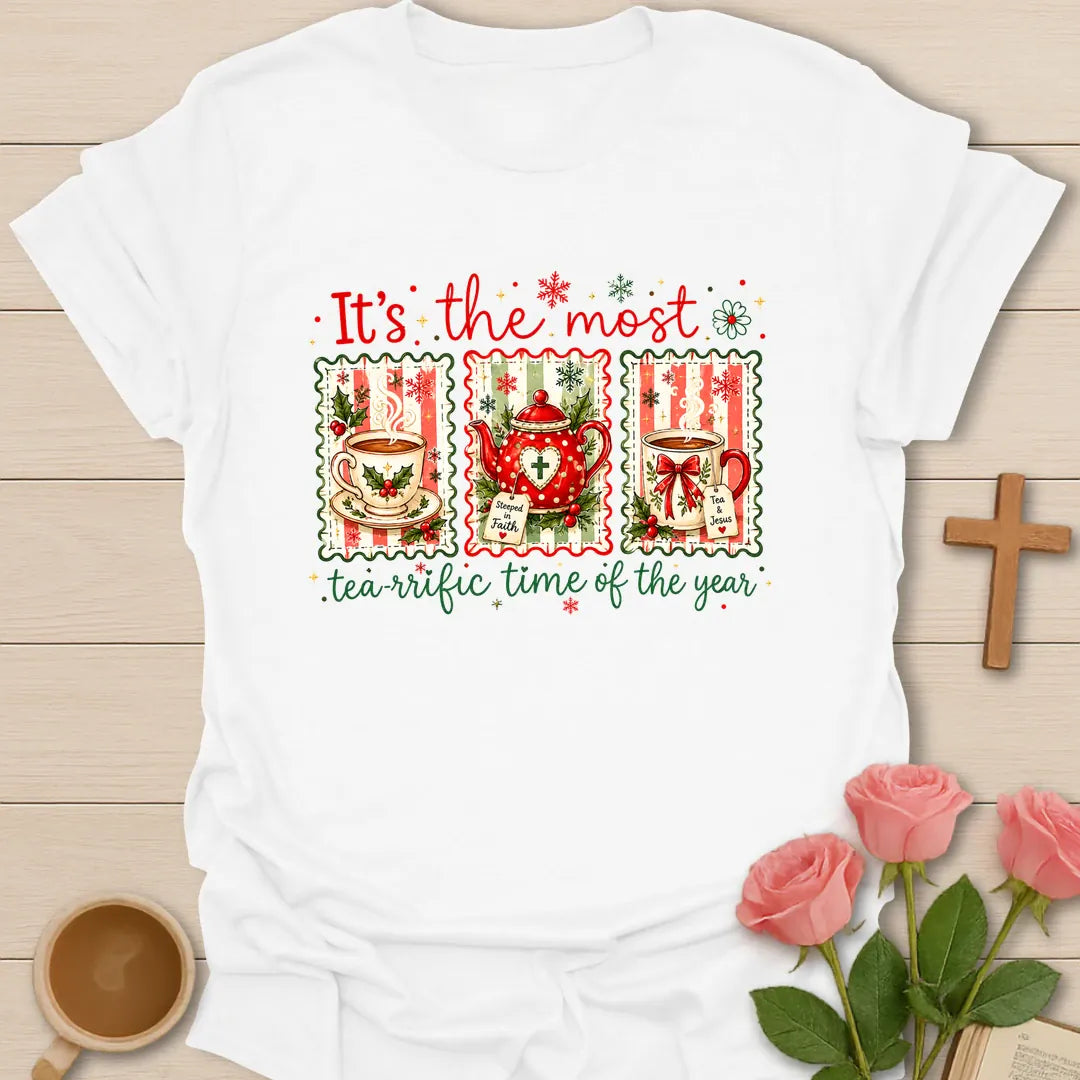 Tea-riffic Time of the Year Christmas T-shirt with festive teacups teapot holly and snowflakes - White