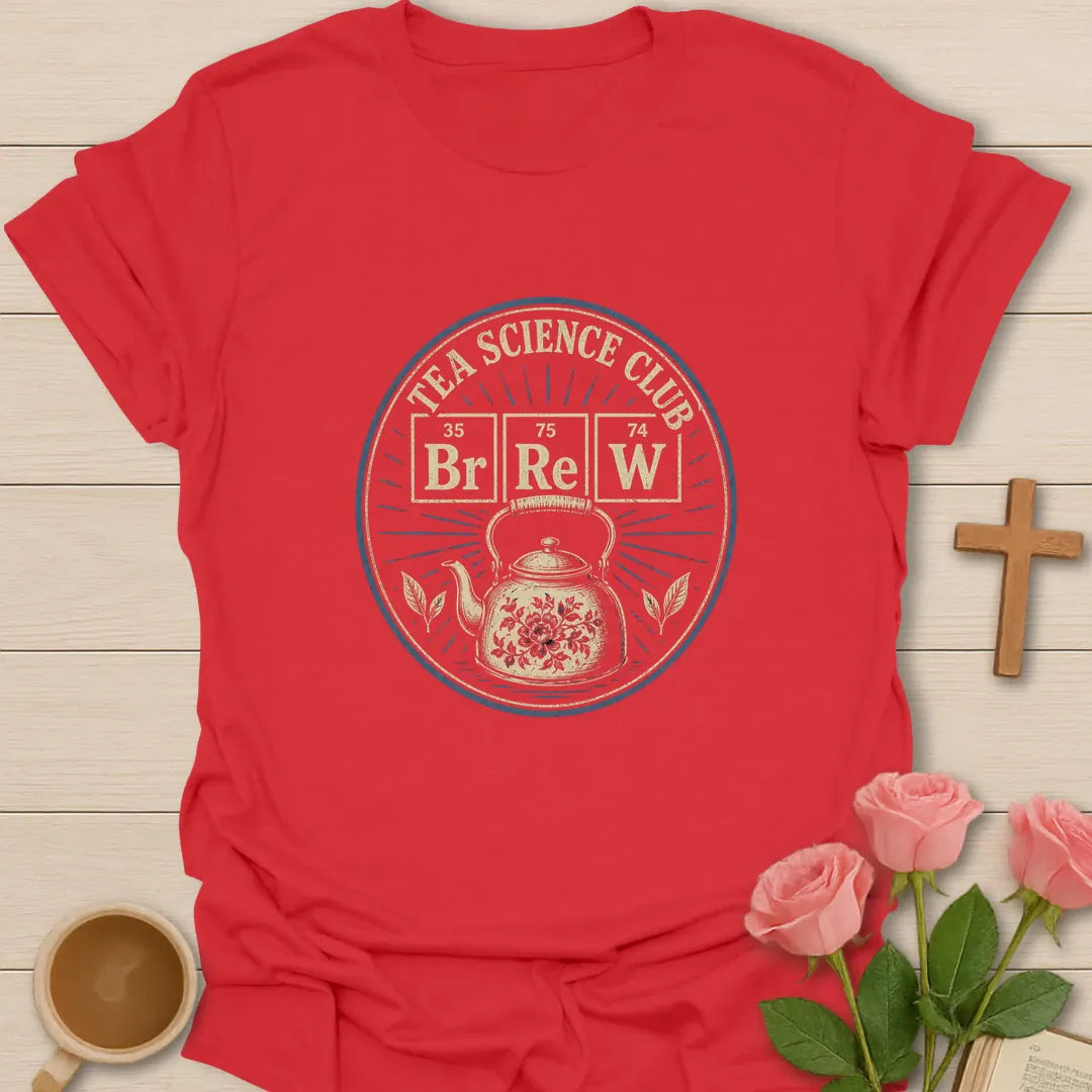 Tea Science Club shirt with science-style lettering and faith-inspired tea design. - Red
