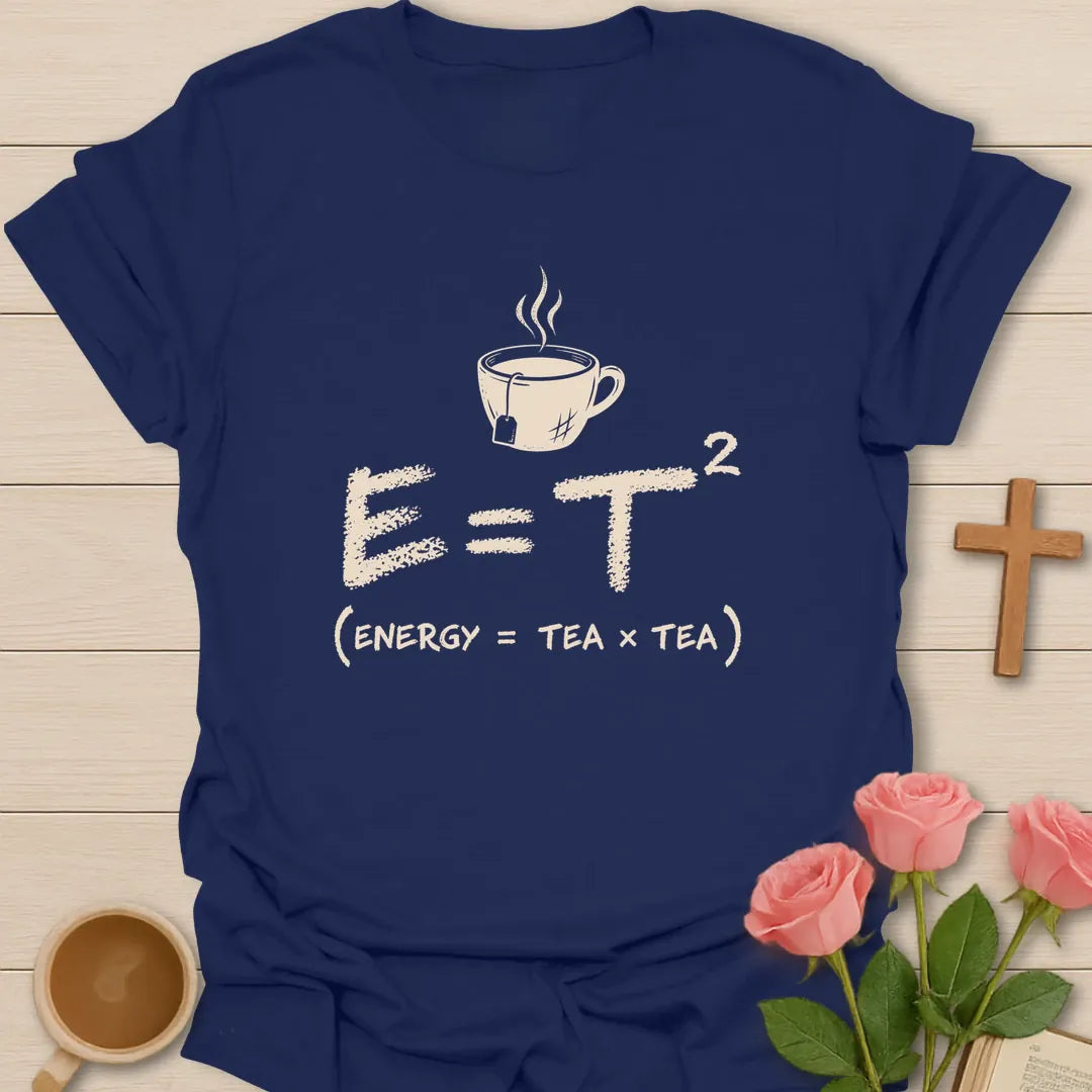 Tea Square Energy shirt with science-style lettering and faith-inspired tea design. - Navy