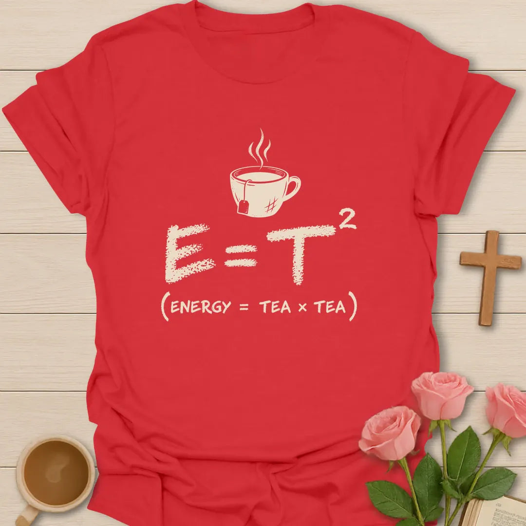 Tea Square Energy shirt with science-style lettering and faith-inspired tea design. - Red