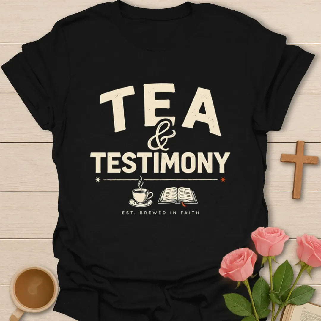 Tea and Testimony Christian shirt with bold vintage lettering, small teacup, open Bible, and Brewed In Faith text - Black