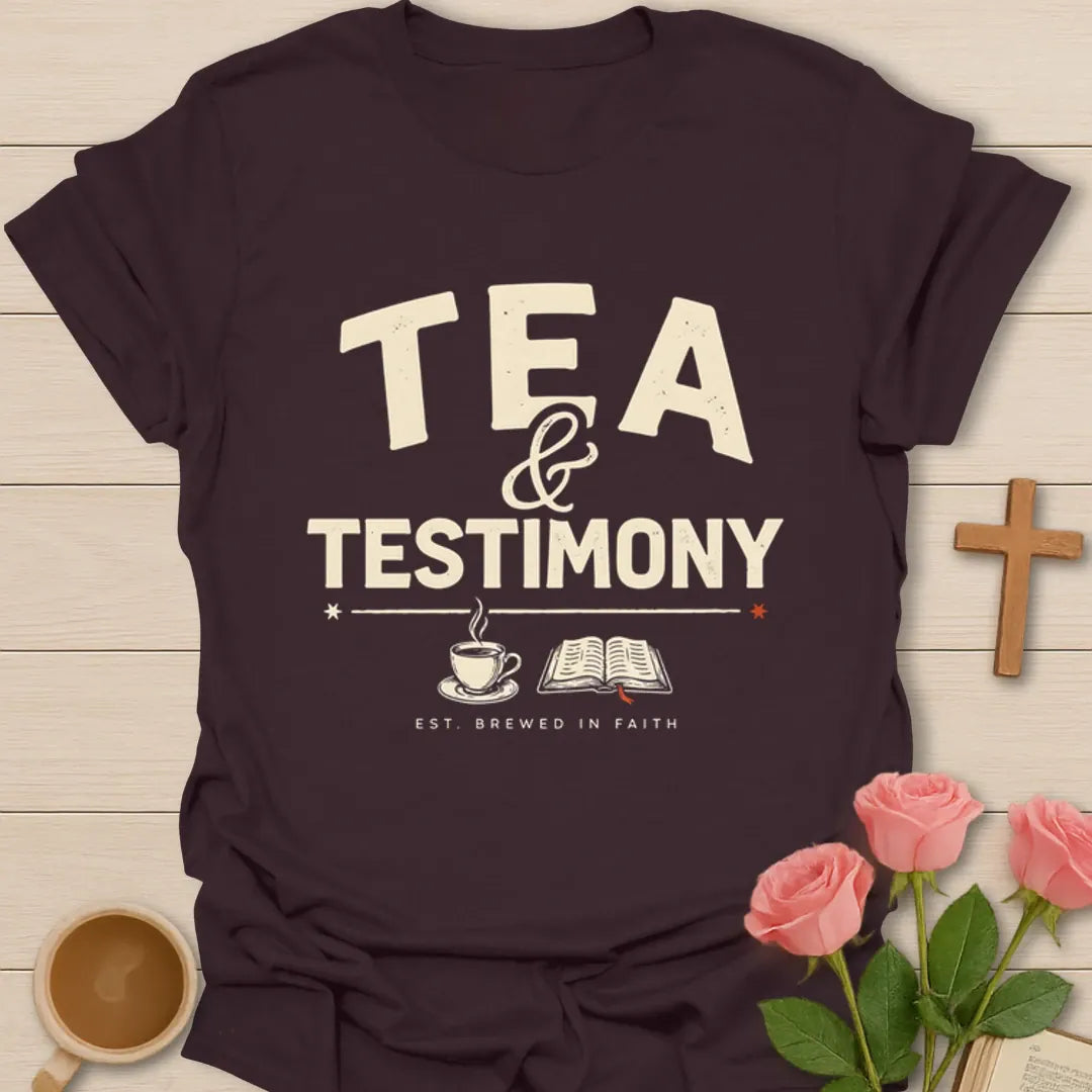 Tea and Testimony Christian shirt with bold vintage lettering, small teacup, open Bible, and Brewed In Faith text - Dark Chocolate