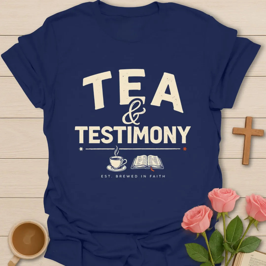 Tea and Testimony Christian shirt with bold vintage lettering, small teacup, open Bible, and Brewed In Faith text - Navy
