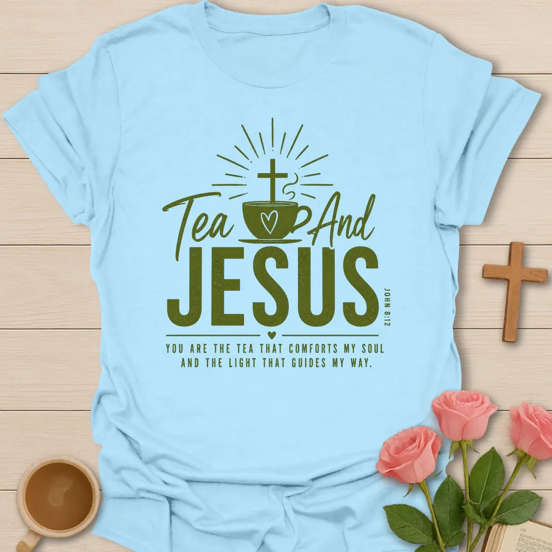 Tea and Jesus shirt with green teacup, cross, heart, sun rays, and comfort my soul message. - Light Blue