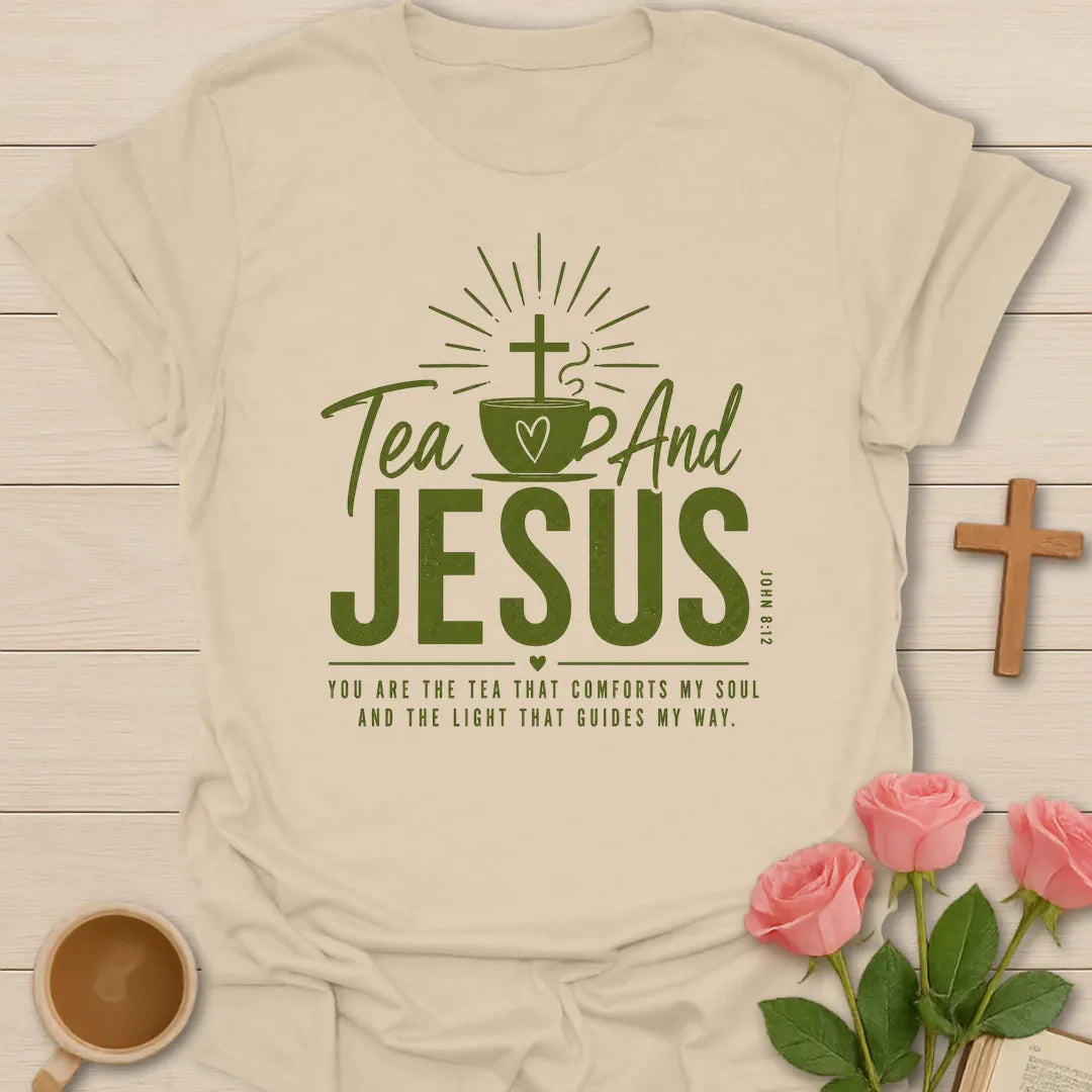 Tea and Jesus shirt with green teacup, cross, heart, sun rays, and comfort my soul message. - Sand