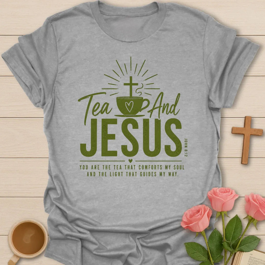 Tea and Jesus shirt with green teacup, cross, heart, sun rays, and comfort my soul message. - Sport Grey