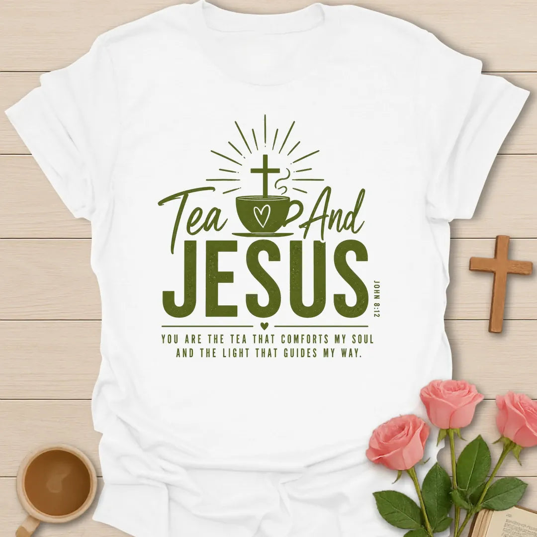 Tea and Jesus shirt with green teacup, cross, heart, sun rays, and comfort my soul message. - White