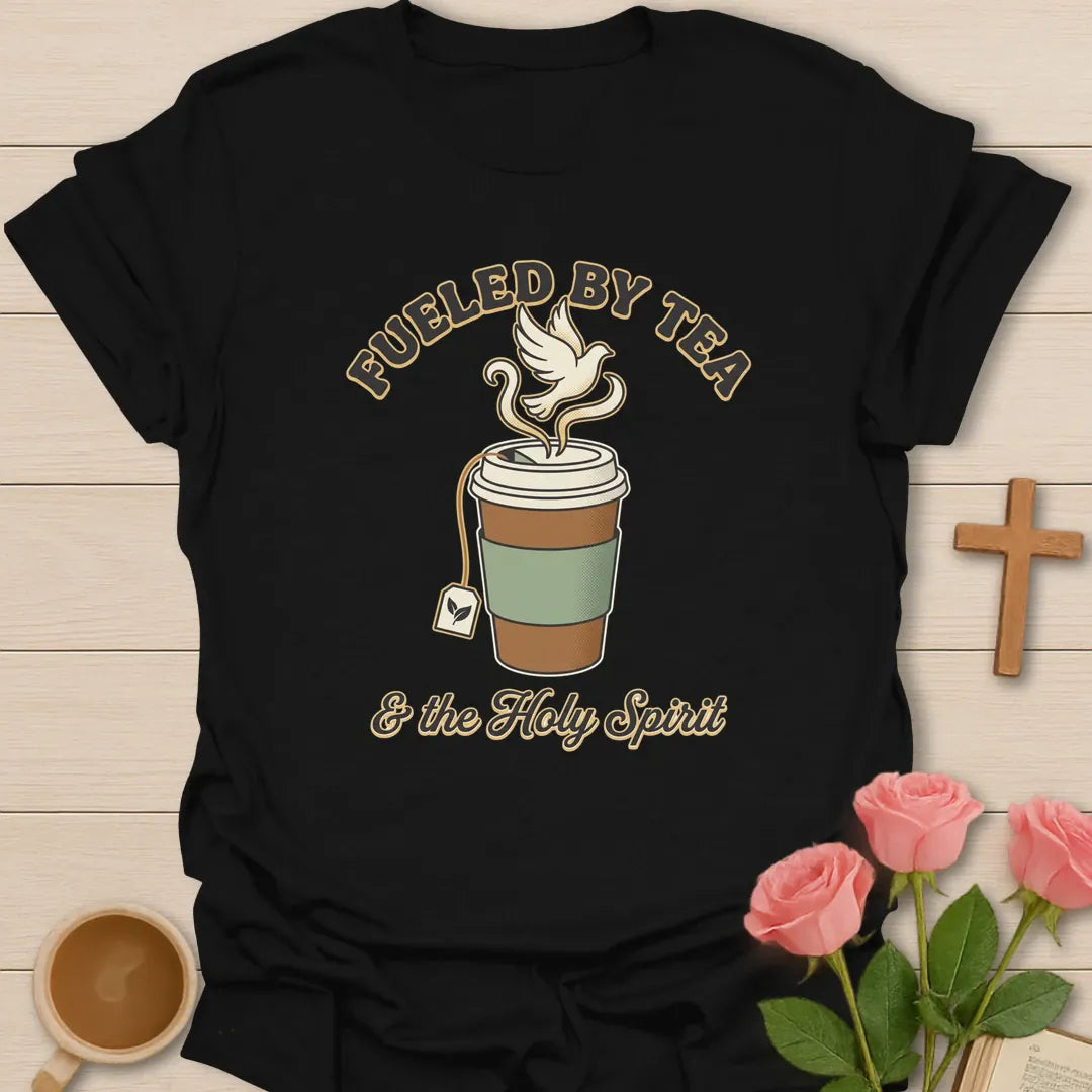 Tea and The Holy Spirit shirt with teacup, dove, and cream vintage lettering. - Black