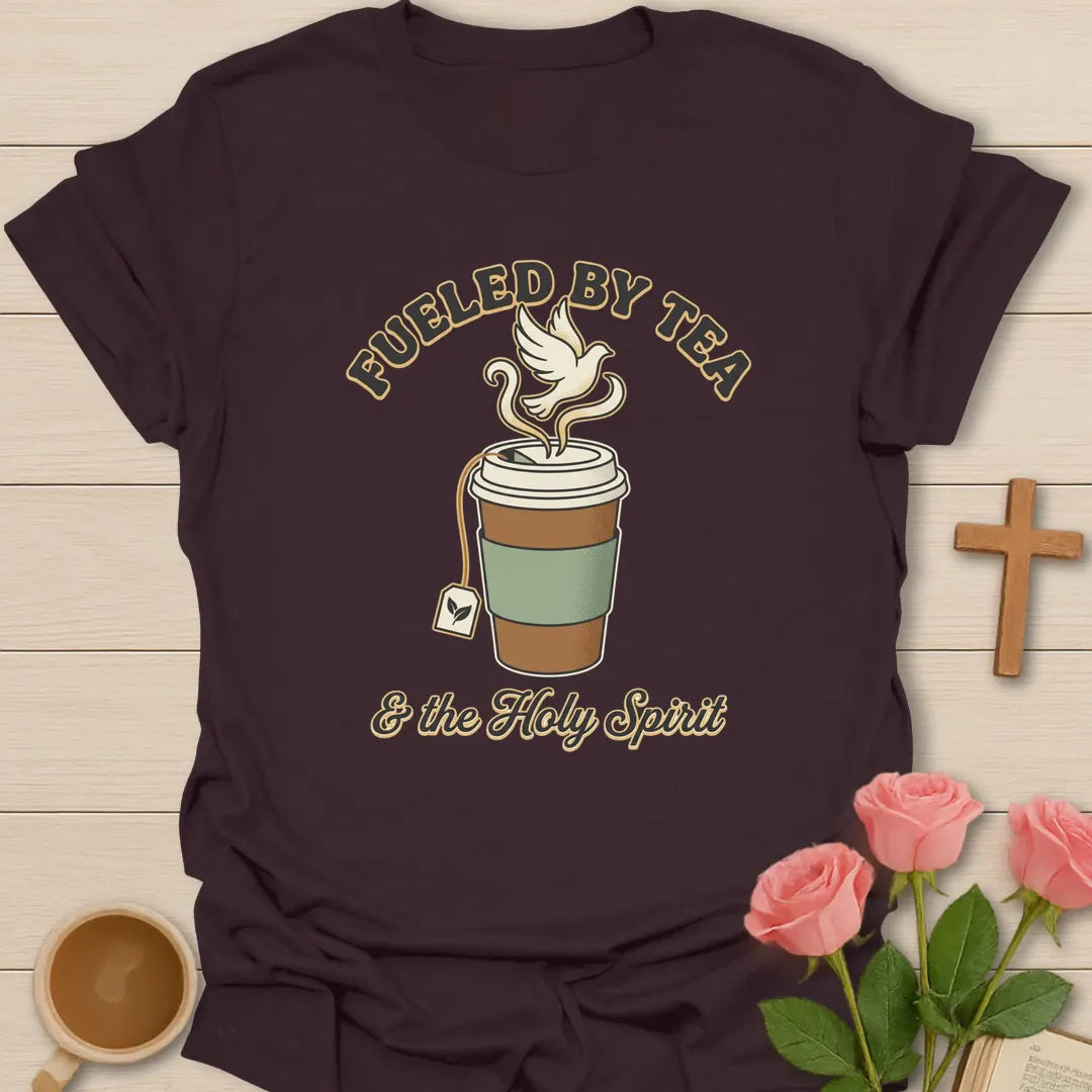 Tea and The Holy Spirit shirt with teacup, dove, and cream vintage lettering. - Dark Chocolate