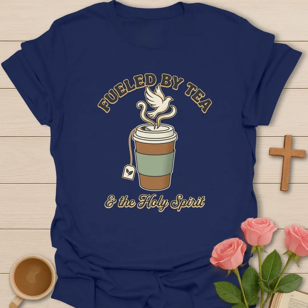 Tea and The Holy Spirit shirt with teacup, dove, and cream vintage lettering. - Navy