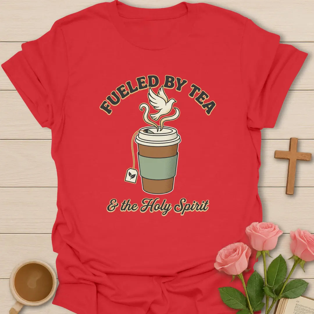 Tea and The Holy Spirit shirt with teacup, dove, and cream vintage lettering. - Red