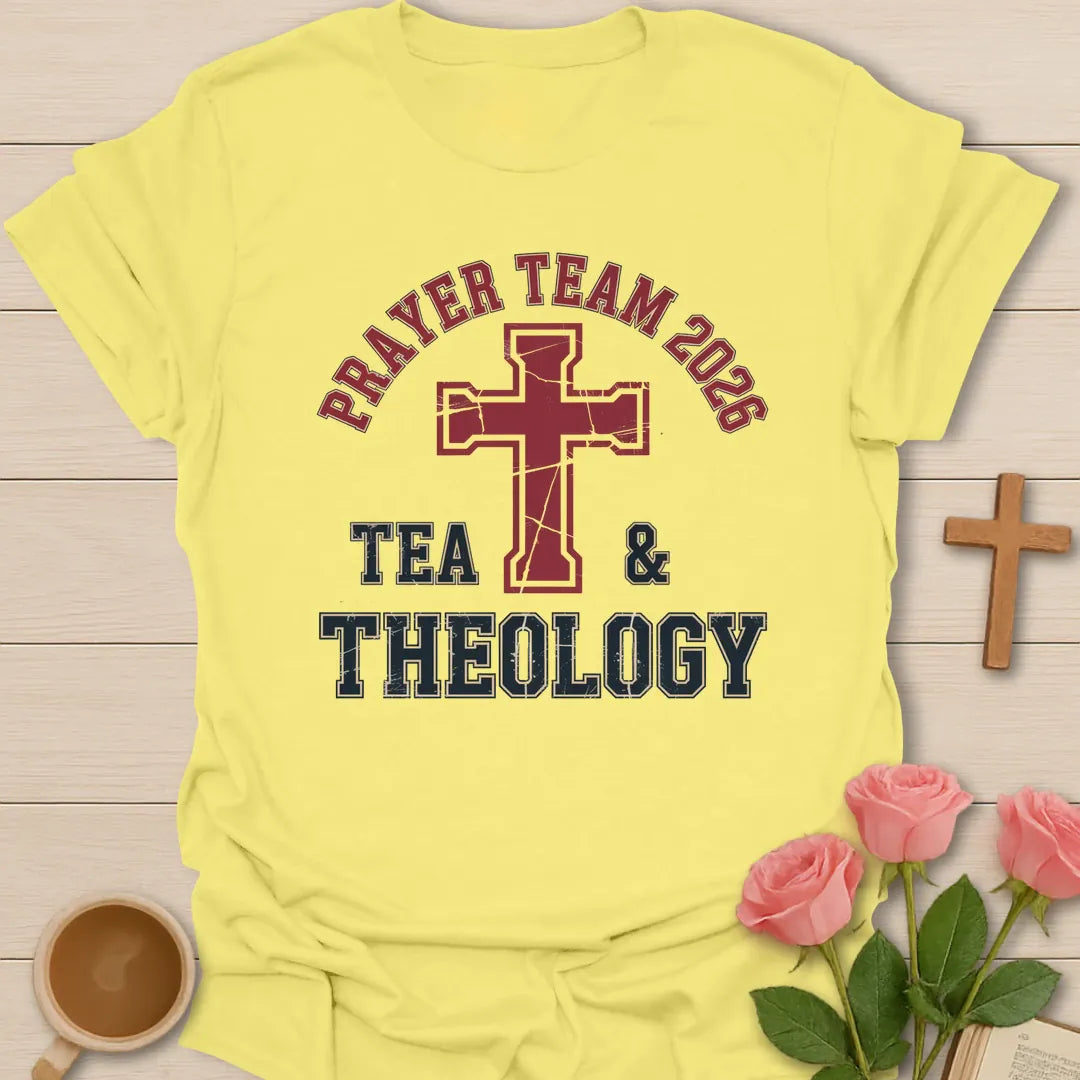 Tea and Theology shirt with teacup, book, and cream vintage lettering. - Cornsilk