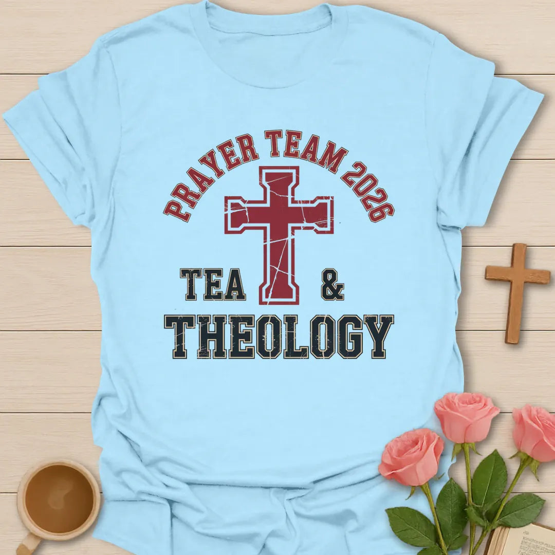 Tea and Theology shirt with teacup, book, and cream vintage lettering. - Light Blue