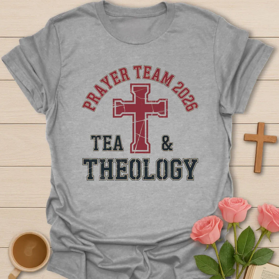 Tea and Theology shirt with teacup, book, and cream vintage lettering. - Sport Grey