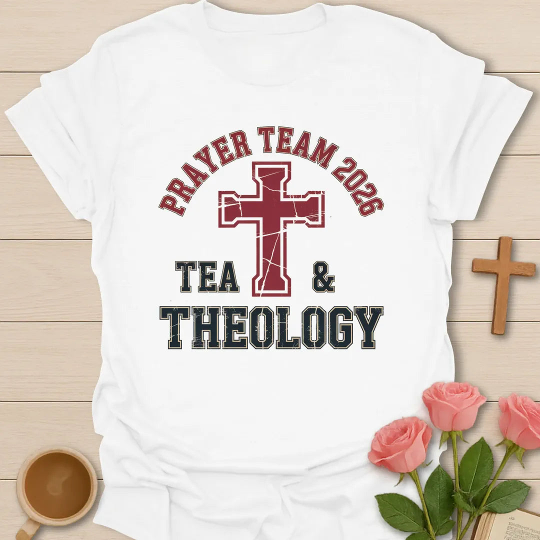 Tea and Theology shirt with teacup, book, and cream vintage lettering. - White