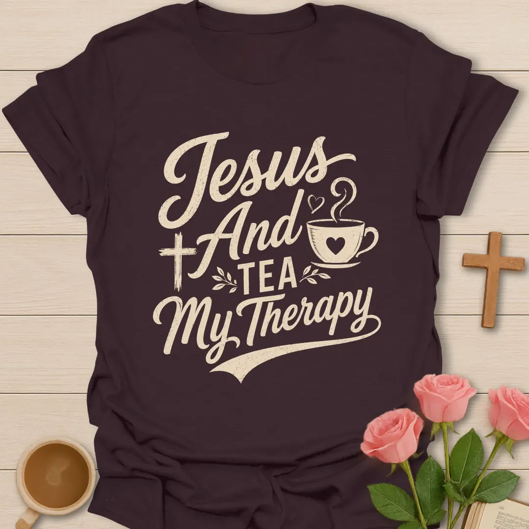 Jesus and Tea My Therapy shirt with bold cream lettering, teacup, cross, heart steam, and leafy accents. - Dark Chocolate