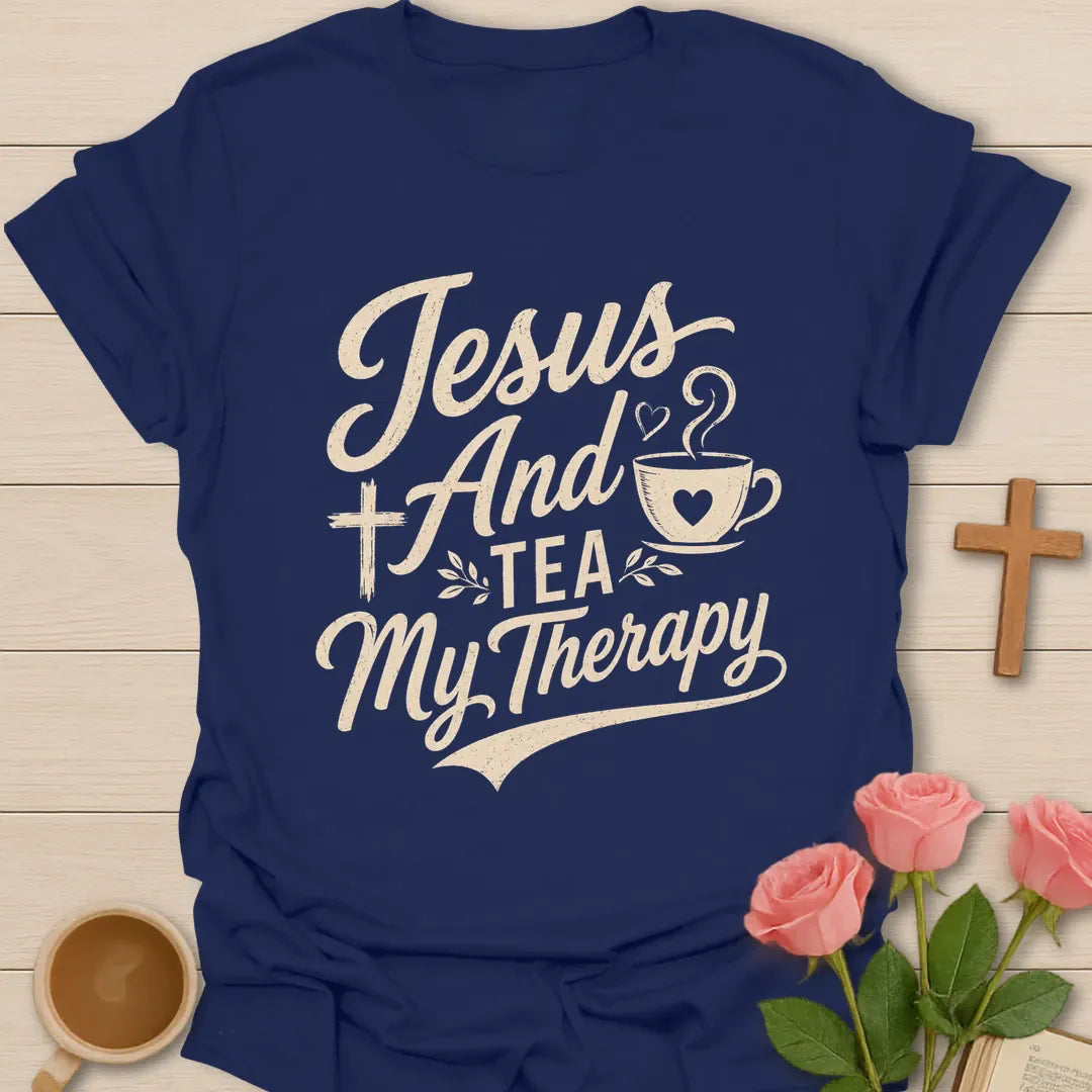 Jesus and Tea My Therapy shirt with bold cream lettering, teacup, cross, heart steam, and leafy accents. - Navy