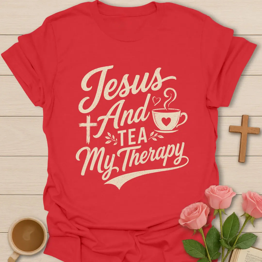 Jesus and Tea My Therapy shirt with bold cream lettering, teacup, cross, heart steam, and leafy accents. - Red