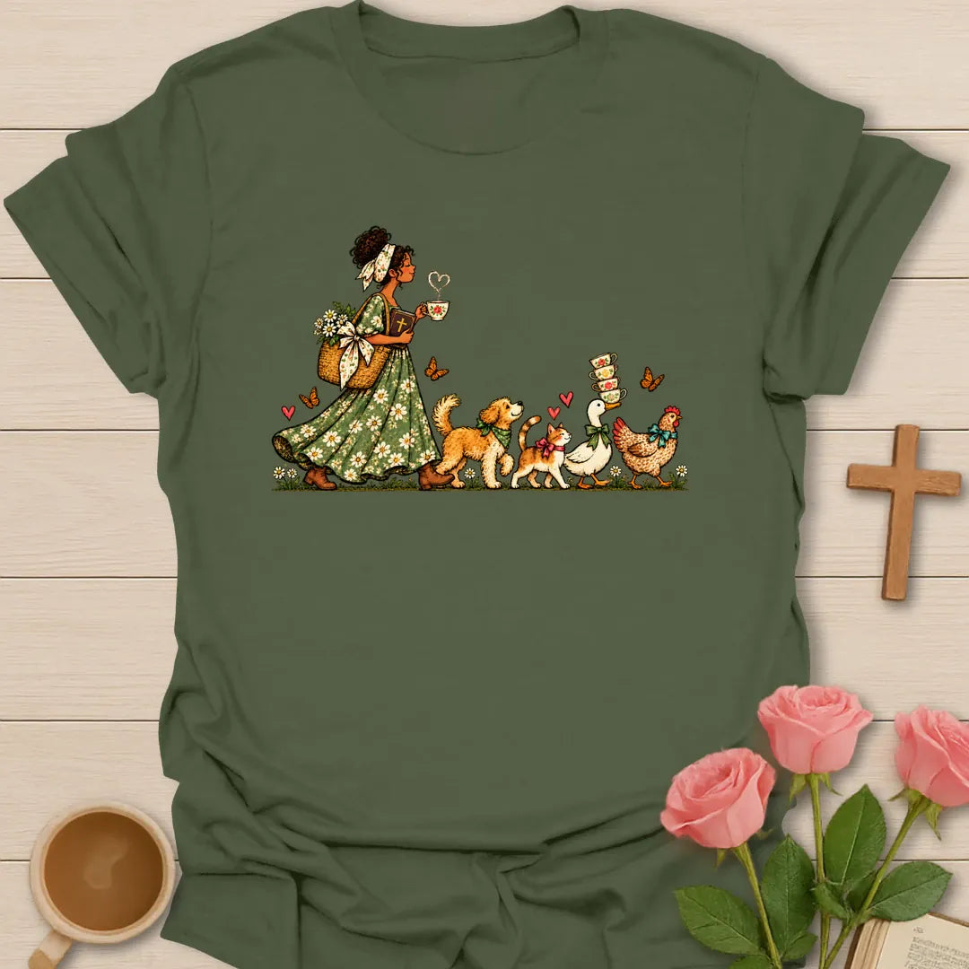 Tea-Time Parade t-shirt with a woman in a floral dress holding a teacup, followed by a dog, a cat, a goose and a chicken carrying teacups - Military Green