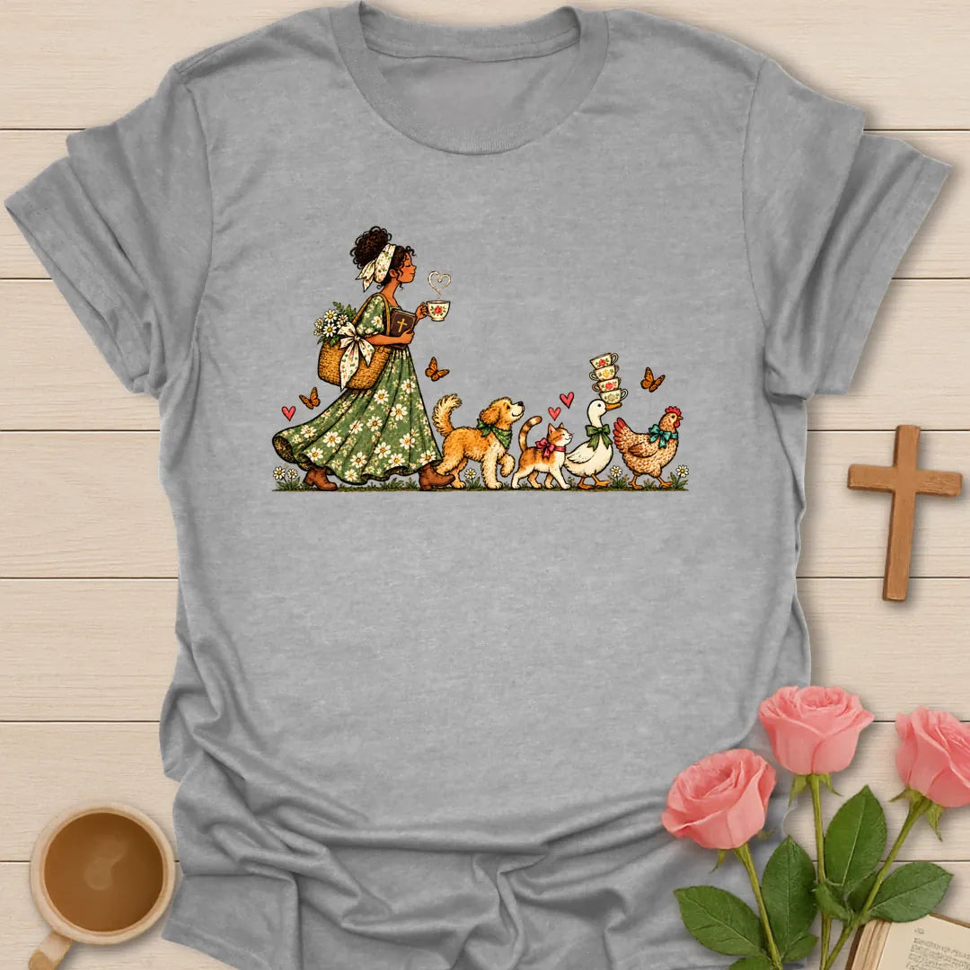 Tea-Time Parade t-shirt with a woman in a floral dress holding a teacup, followed by a dog, a cat, a goose and a chicken carrying teacups - Sport Grey