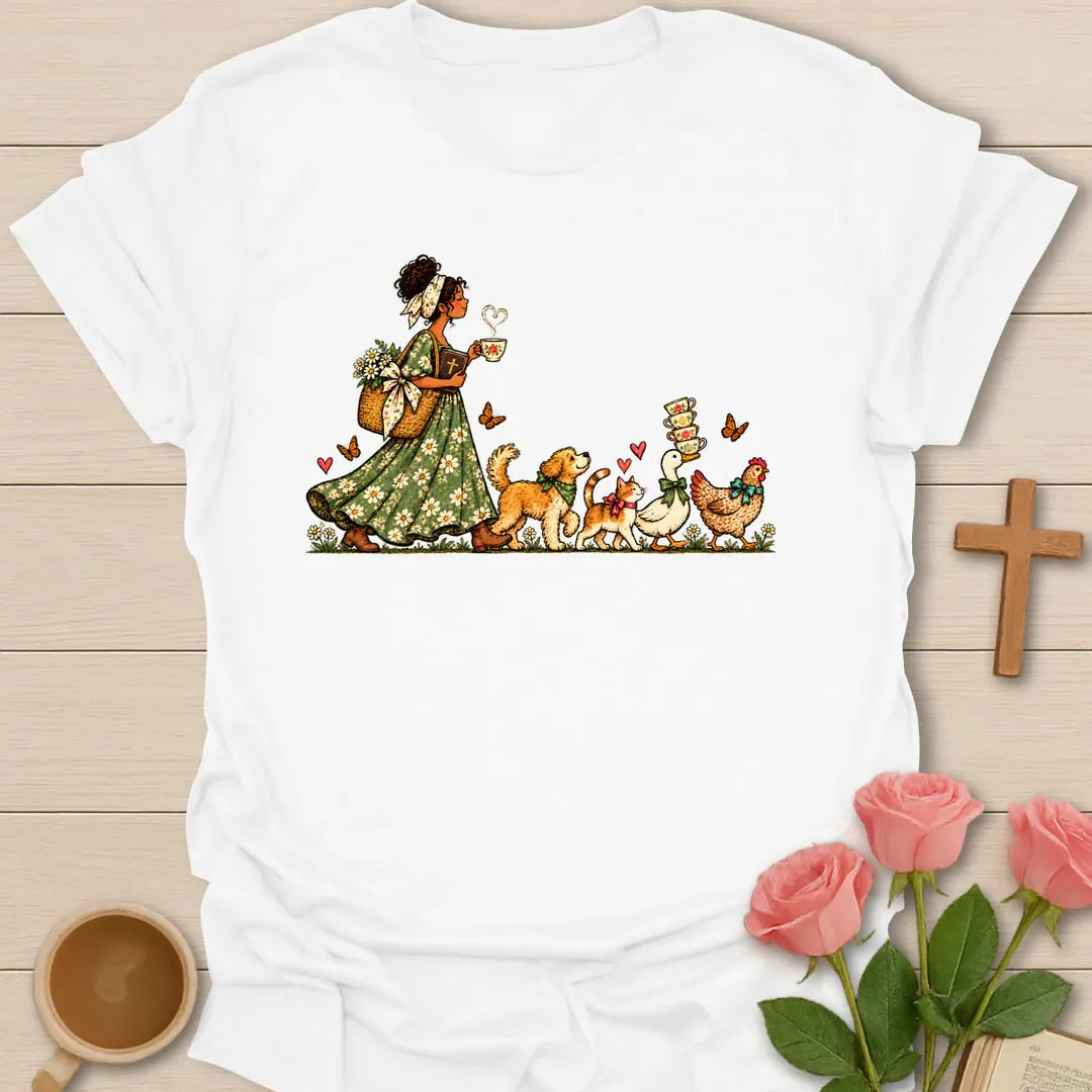 Tea-Time Parade t-shirt with a woman in a floral dress holding a teacup, followed by a dog, a cat, a goose and a chicken carrying teacups - White