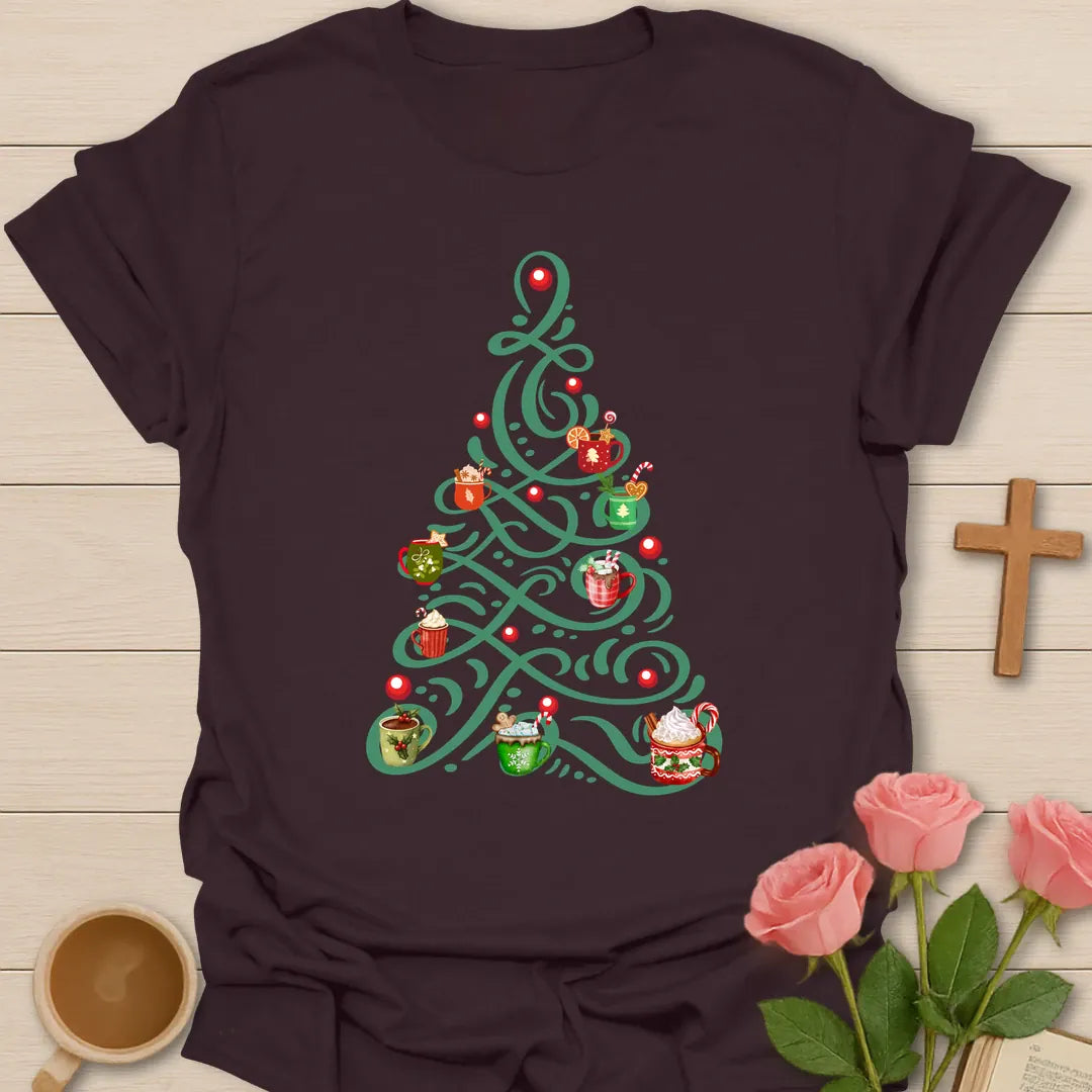 Tea Tree Christmas T-shirt with green Christmas tree decorated with festive tea mugs - Dark Chocolate