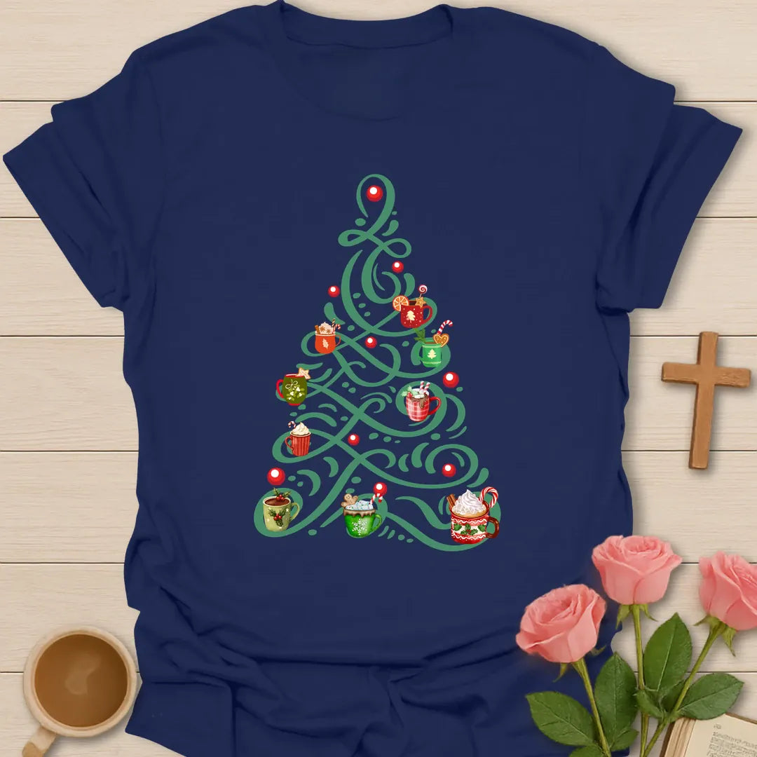 Tea Tree Christmas T-shirt with green Christmas tree decorated with festive tea mugs - Navy
