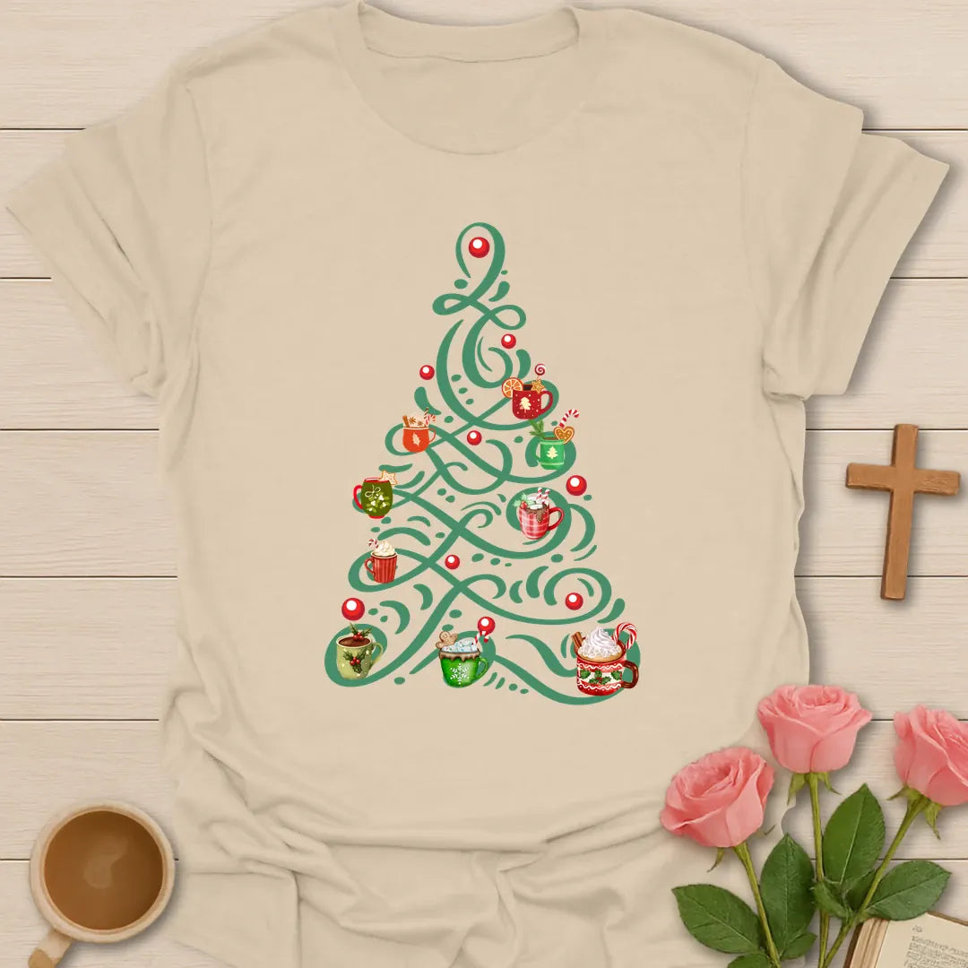 Tea Tree Christmas T-shirt with green Christmas tree decorated with festive tea mugs - Sand