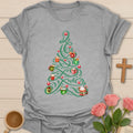Tea Tree Christmas T-shirt with green Christmas tree decorated with festive tea mugs - Sport Grey