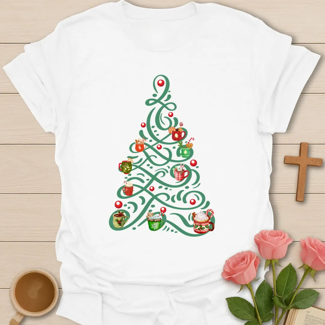 Tea Tree Christmas T-shirt with green Christmas tree decorated with festive tea mugs - White
