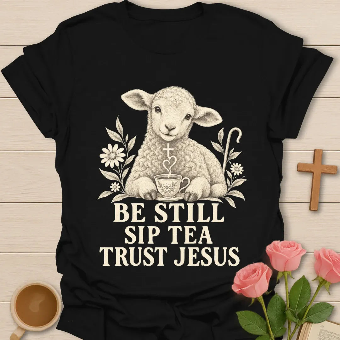 Tea Trust Jesus lamb shirt with cute lamb, teacup, and faith-inspired lettering. - Black
