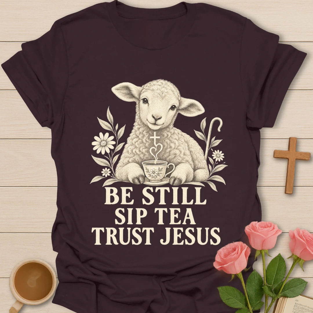 Tea Trust Jesus lamb shirt with cute lamb, teacup, and faith-inspired lettering. - Dark Chocolate