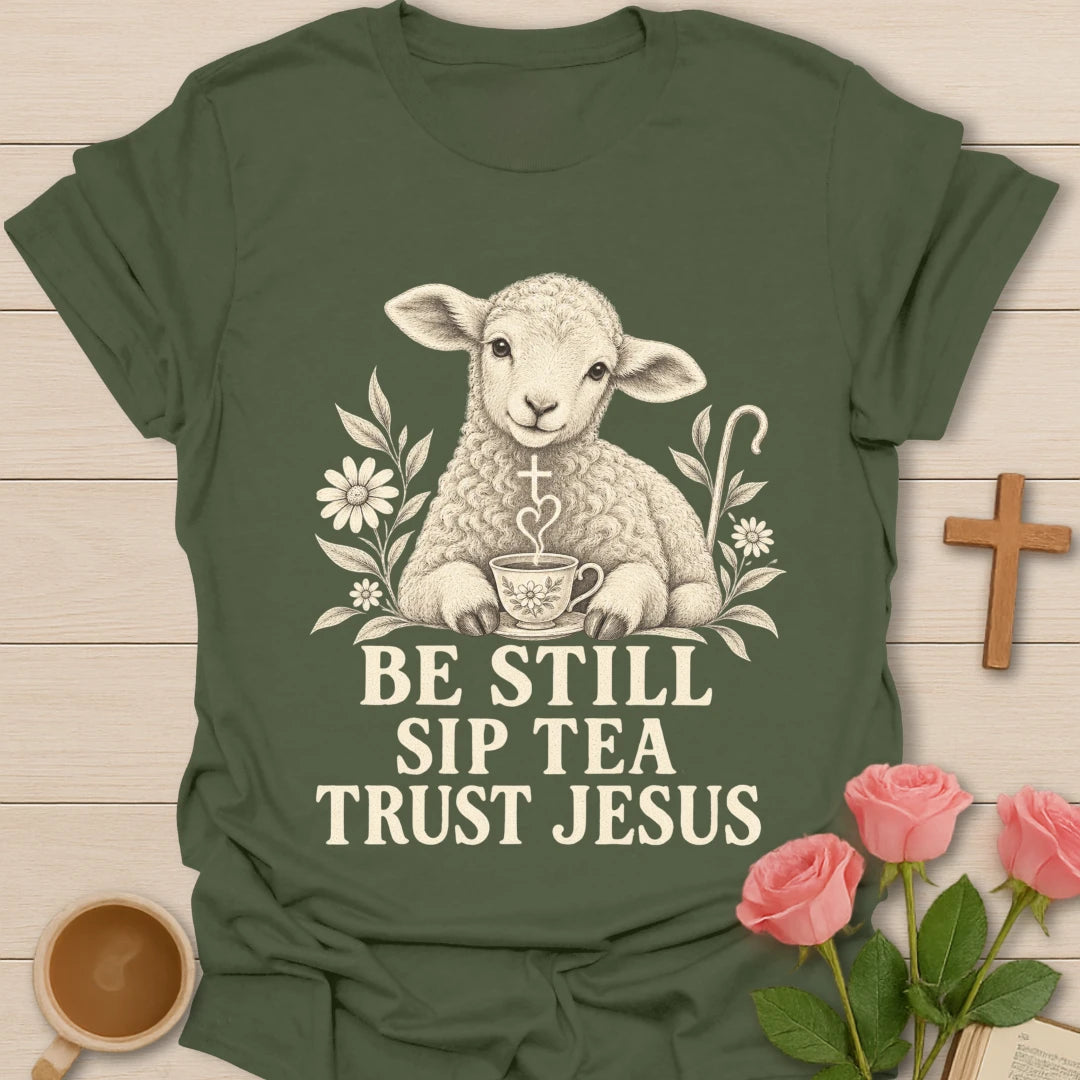 Tea Trust Jesus lamb shirt with cute lamb, teacup, and faith-inspired lettering. - Military Green