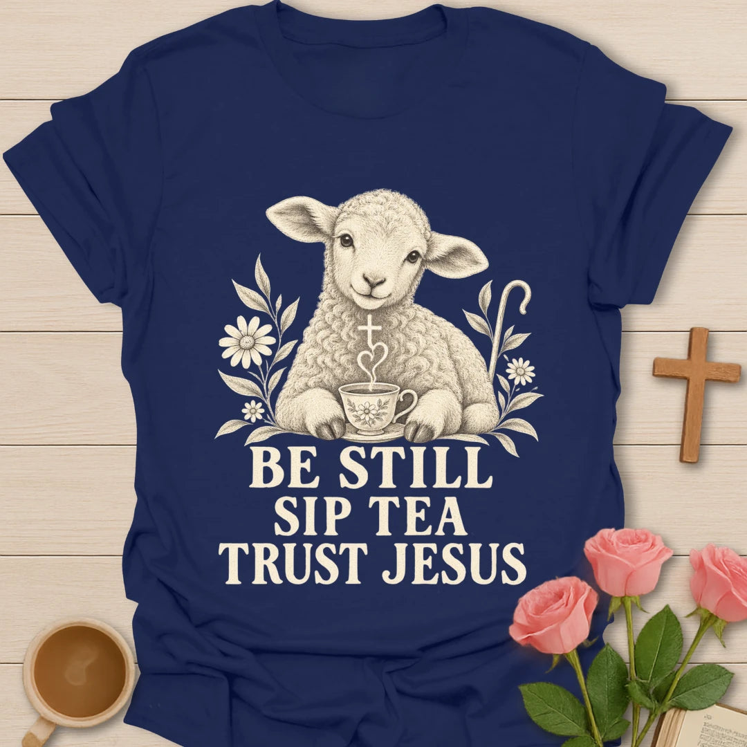 Tea Trust Jesus lamb shirt with cute lamb, teacup, and faith-inspired lettering. - Navy