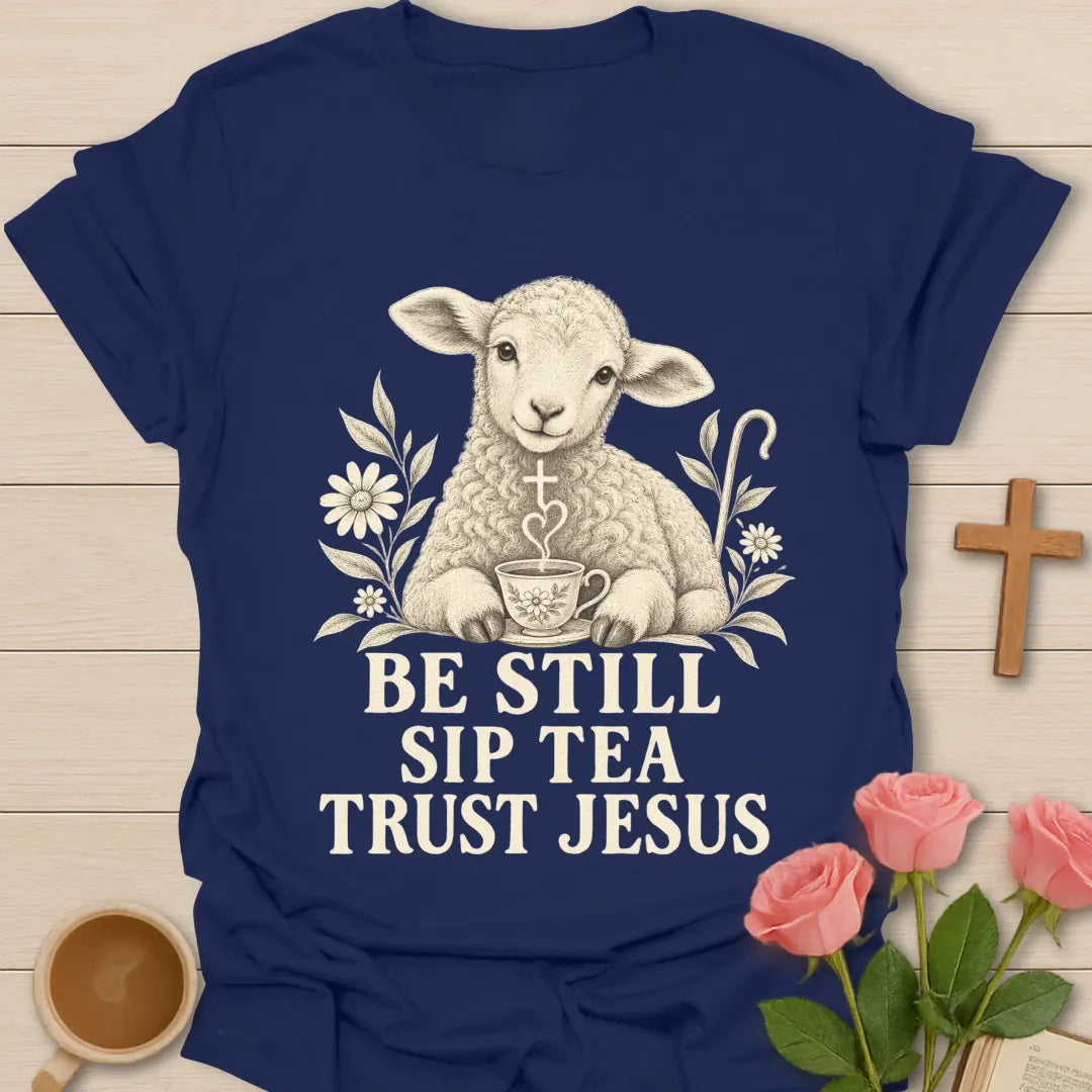 Tea Trust Jesus lamb shirt with cute lamb, teacup, and faith-inspired lettering. - Navy