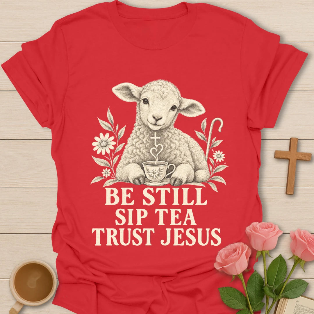 Tea Trust Jesus lamb shirt with cute lamb, teacup, and faith-inspired lettering. - Red