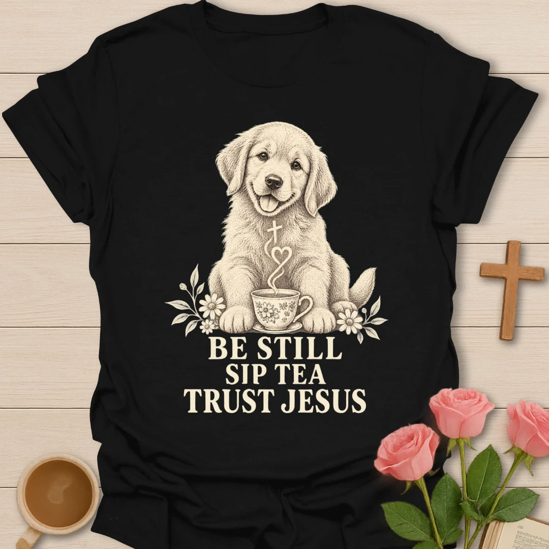 Tea Trust Jesus puppy shirt with cute puppy, teacup, and faith-inspired lettering. - Black