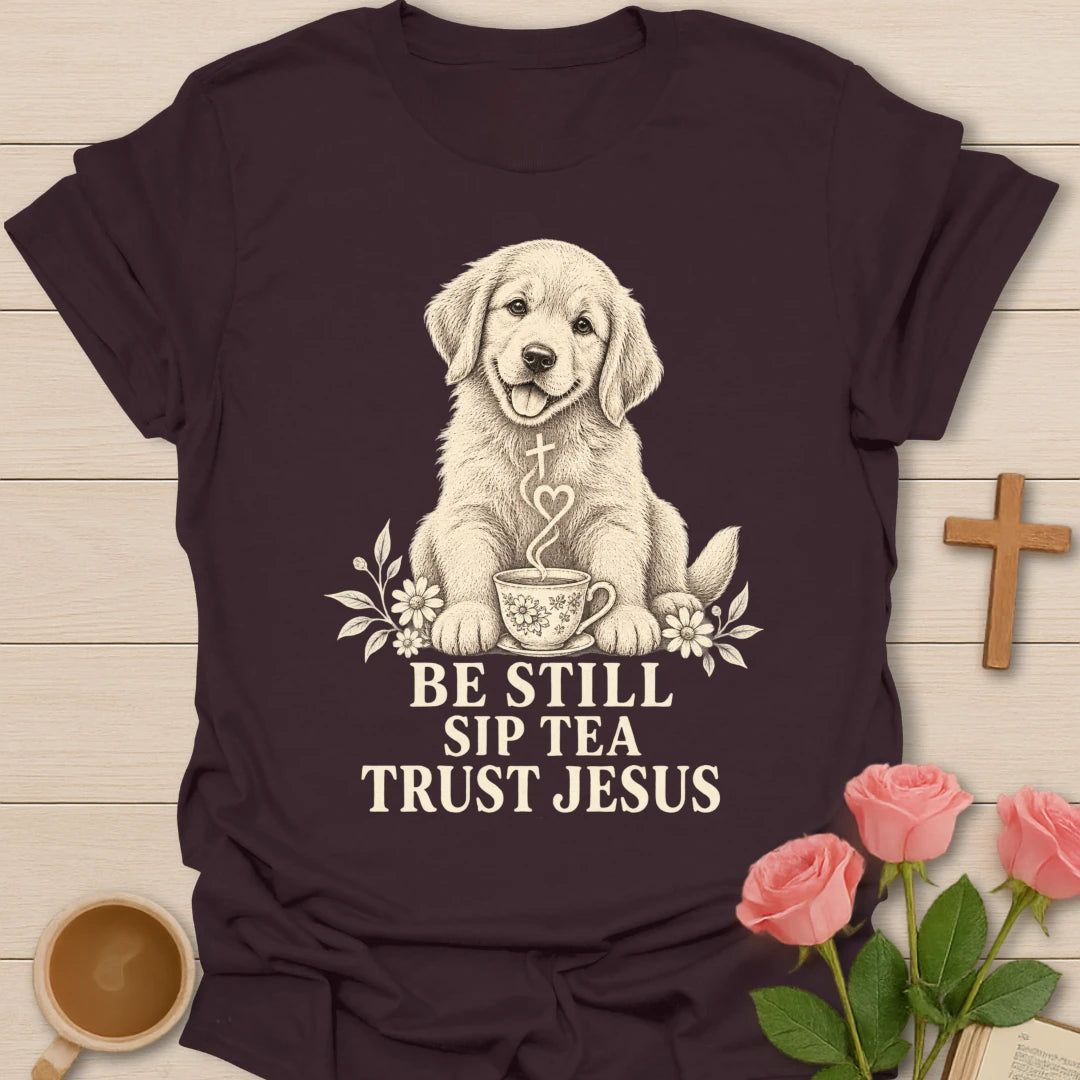 Tea Trust Jesus puppy shirt with cute puppy, teacup, and faith-inspired lettering. - Dark Chocolate