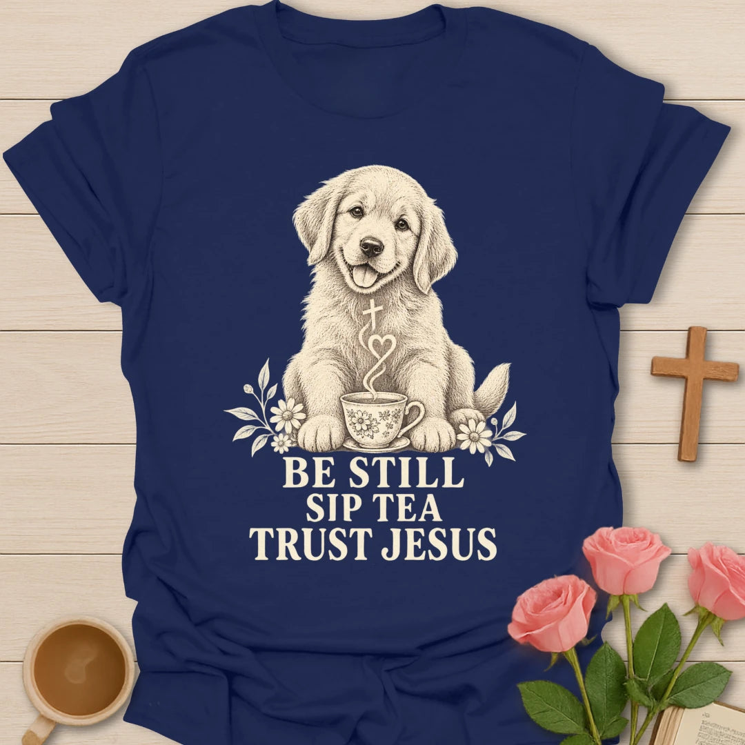 Tea Trust Jesus puppy shirt with cute puppy, teacup, and faith-inspired lettering. - Navy