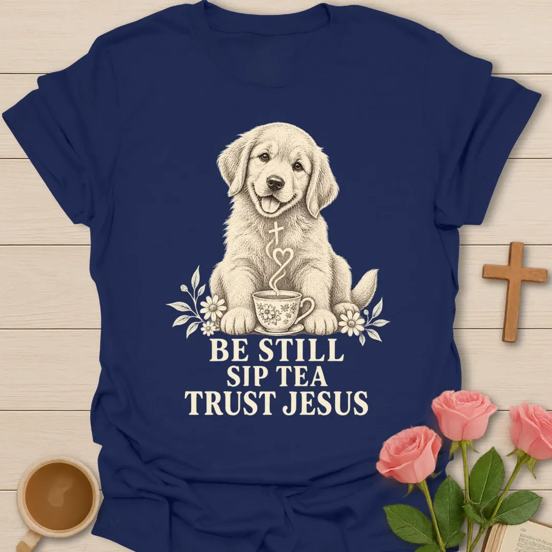 Tea Trust Jesus puppy shirt with cute puppy, teacup, and faith-inspired lettering. - Navy
