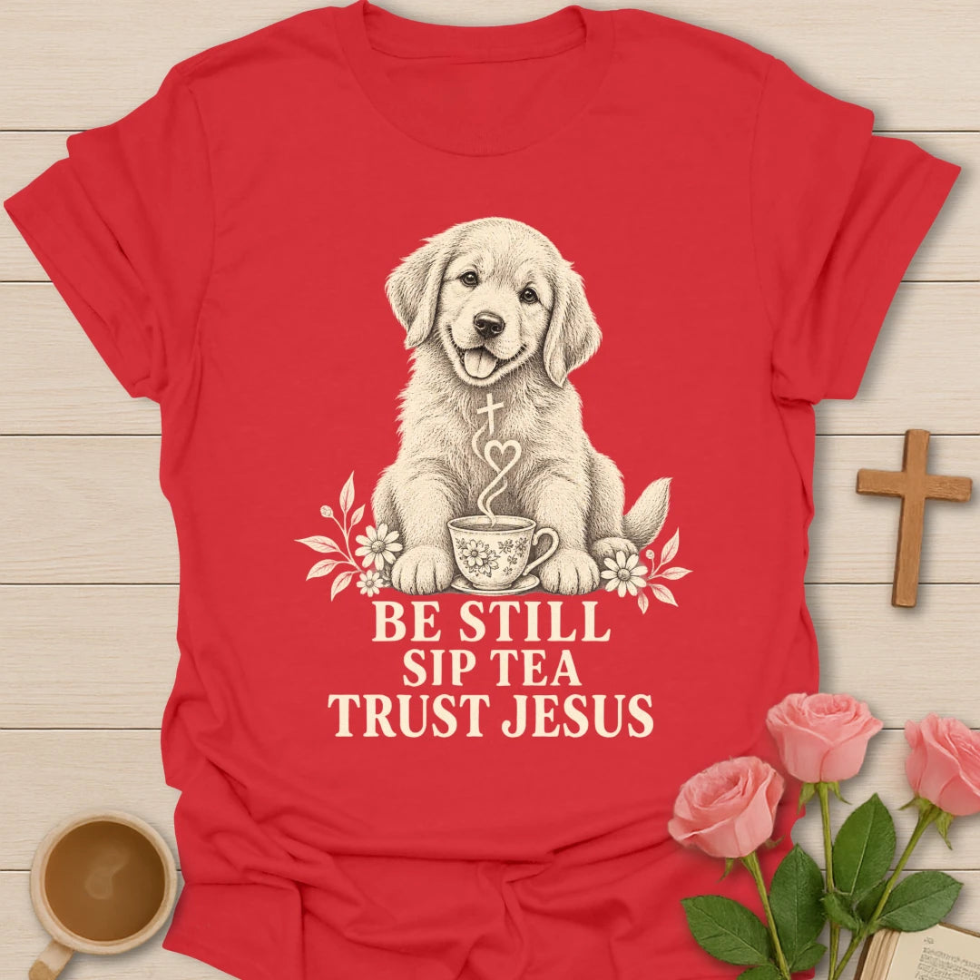Tea Trust Jesus puppy shirt with cute puppy, teacup, and faith-inspired lettering. - Red