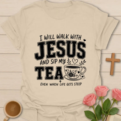 Tea Walks With Jesus T-Shirt KozzyCo Christian and tea lover design